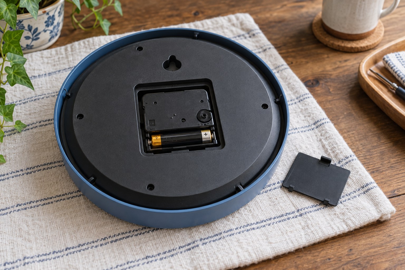 The back of a blue-rimmed wall clock with its battery cover removed