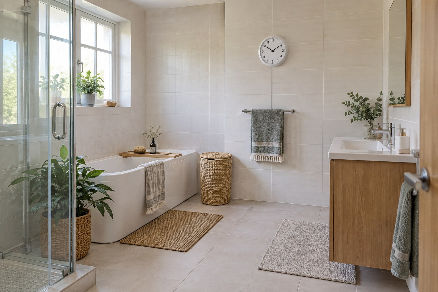 A wall clock positioned above a towel rail in a bright bathroom