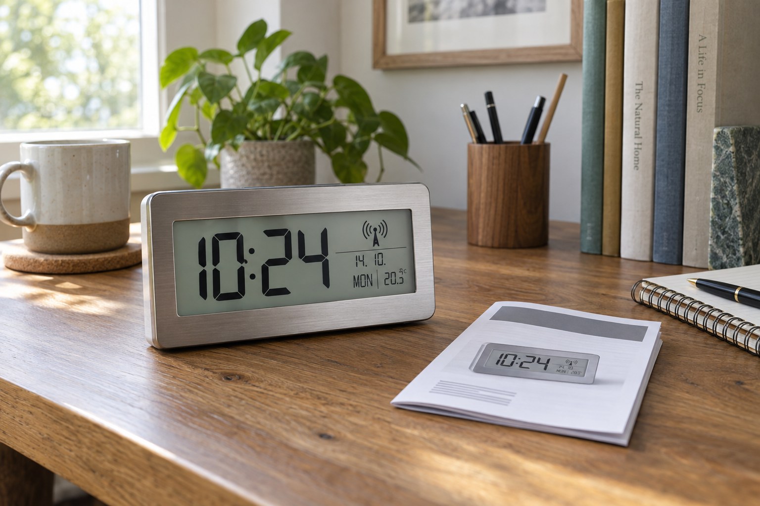 A digital desk clock with a radio-signal symbol beside an instruction booklet
