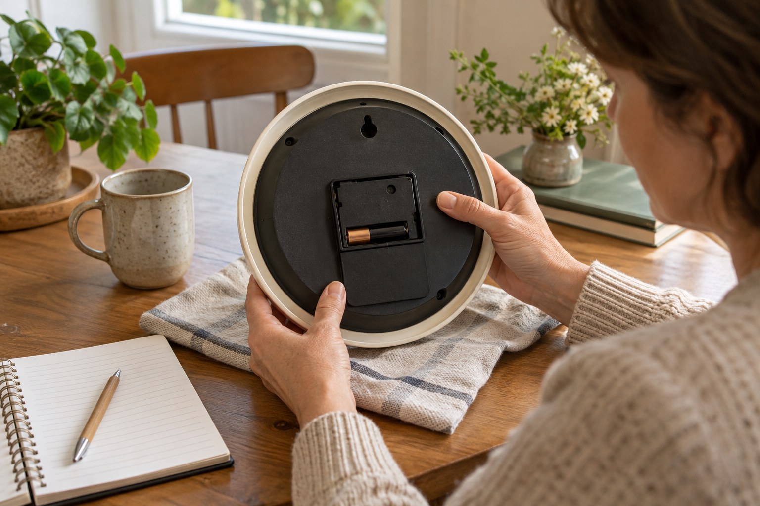 A person inspecting the back of a wall clock with a notebook nearby