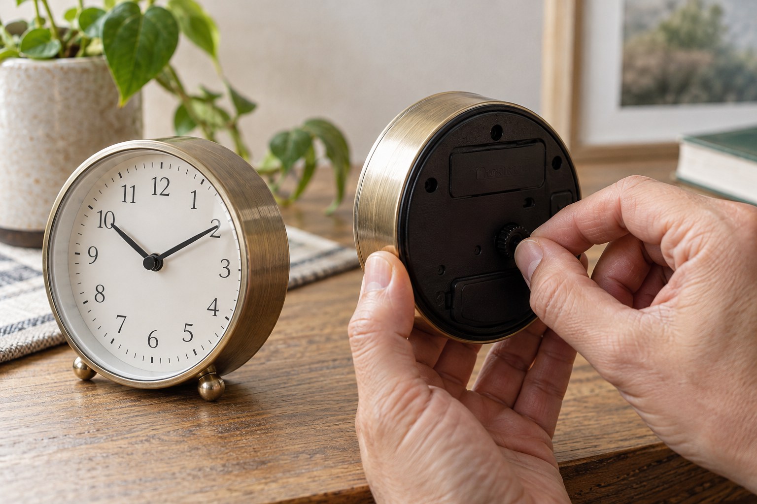 Hands adjusting a rear clock control beside a similar clock facing forwards