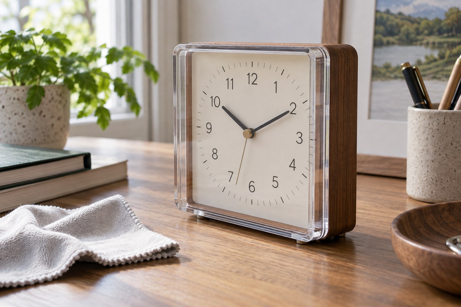 A rectangular clock with a clear cover beside a folded cleaning cloth