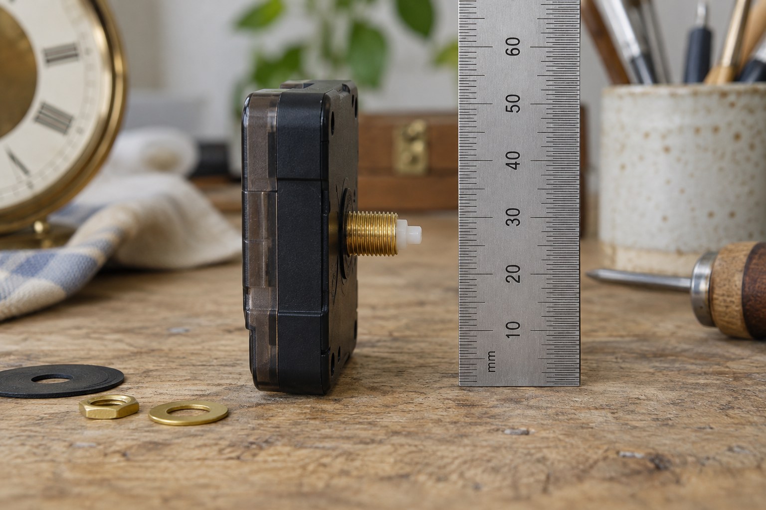 The side of a quartz movement showing its projecting shaft beside a steel ruler