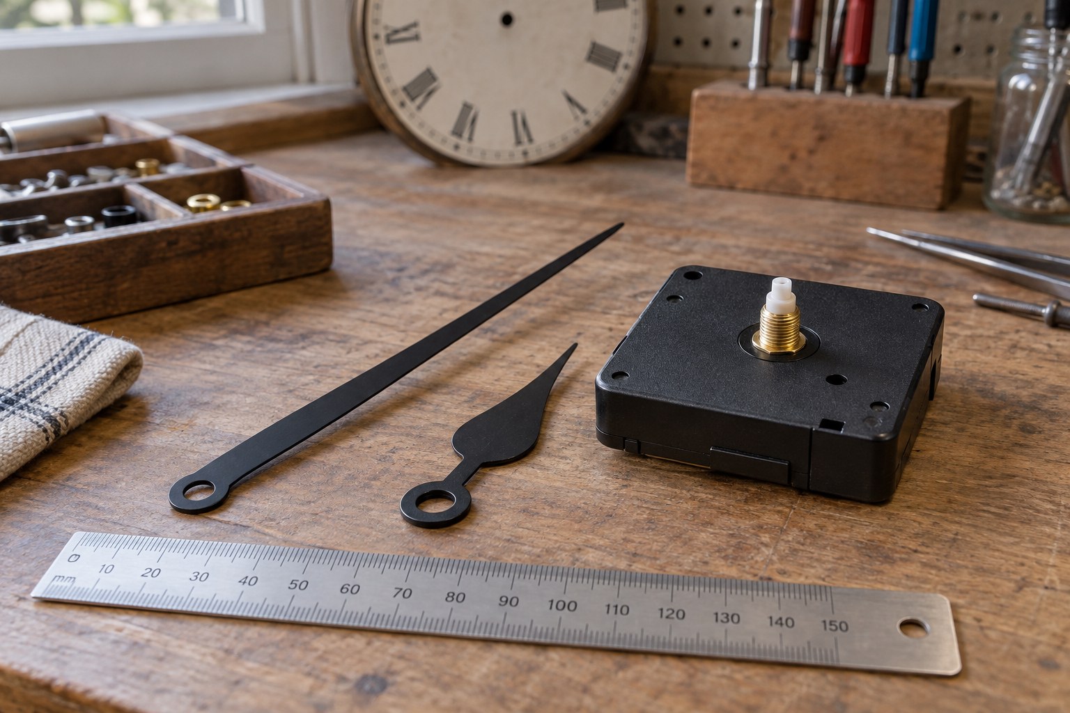 Long black clock hands beside a quartz movement and a steel ruler