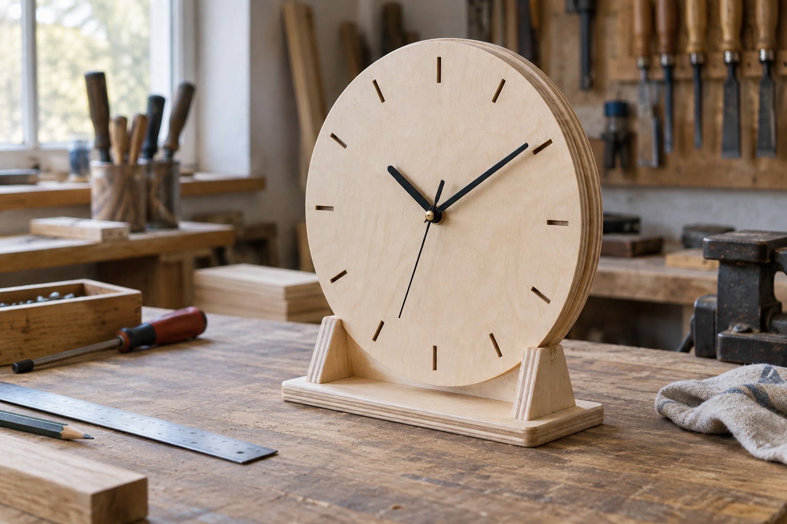 An assembled wooden clock standing upright in a support on a workbench