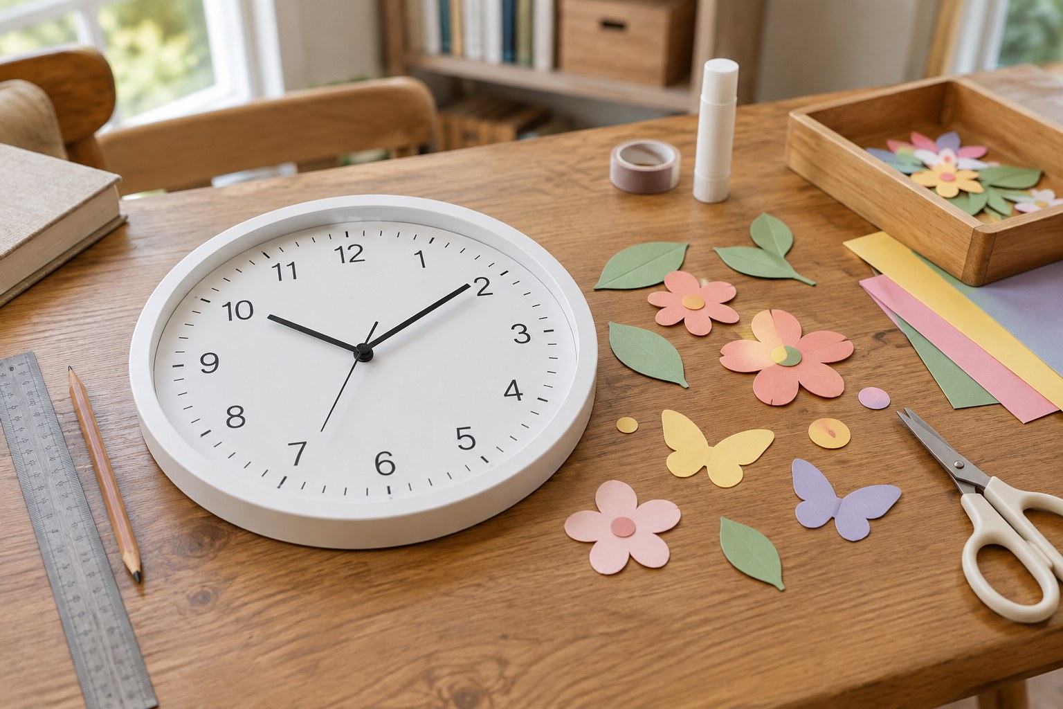 A modern white clock beside cut-paper flowers and other removable decorations