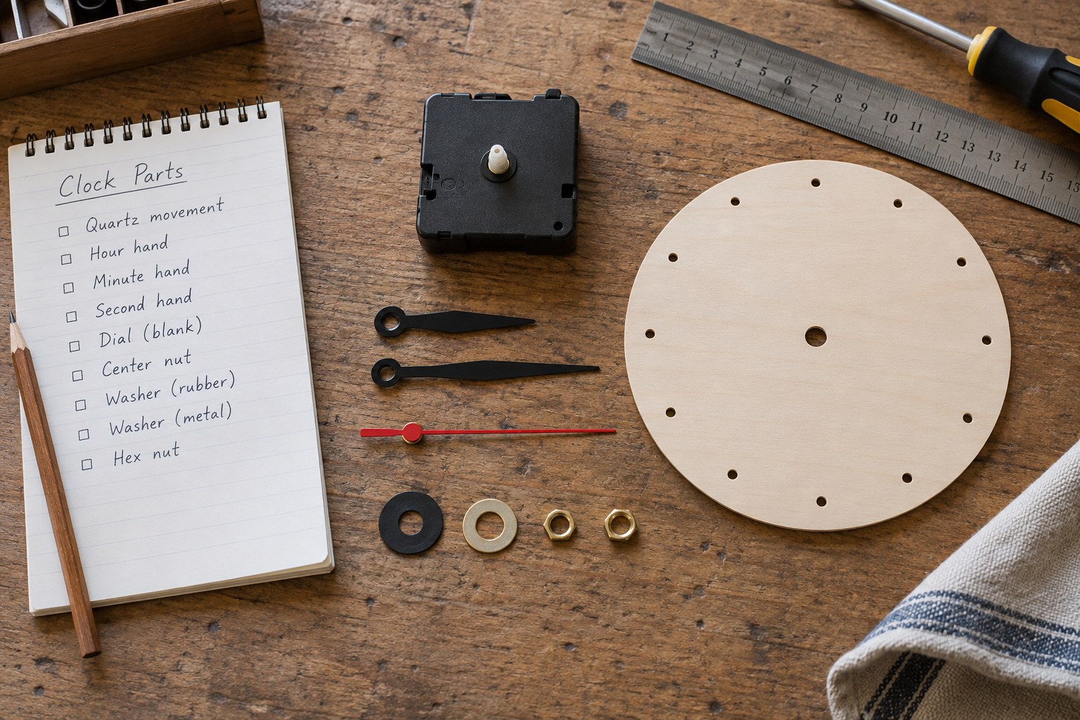 Quartz clock parts arranged beside a handwritten parts checklist