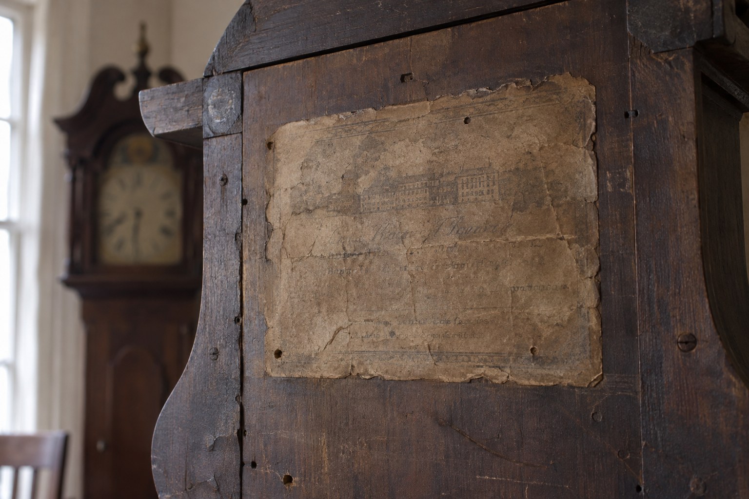 An aged paper label still attached to the wooden back of an old clock