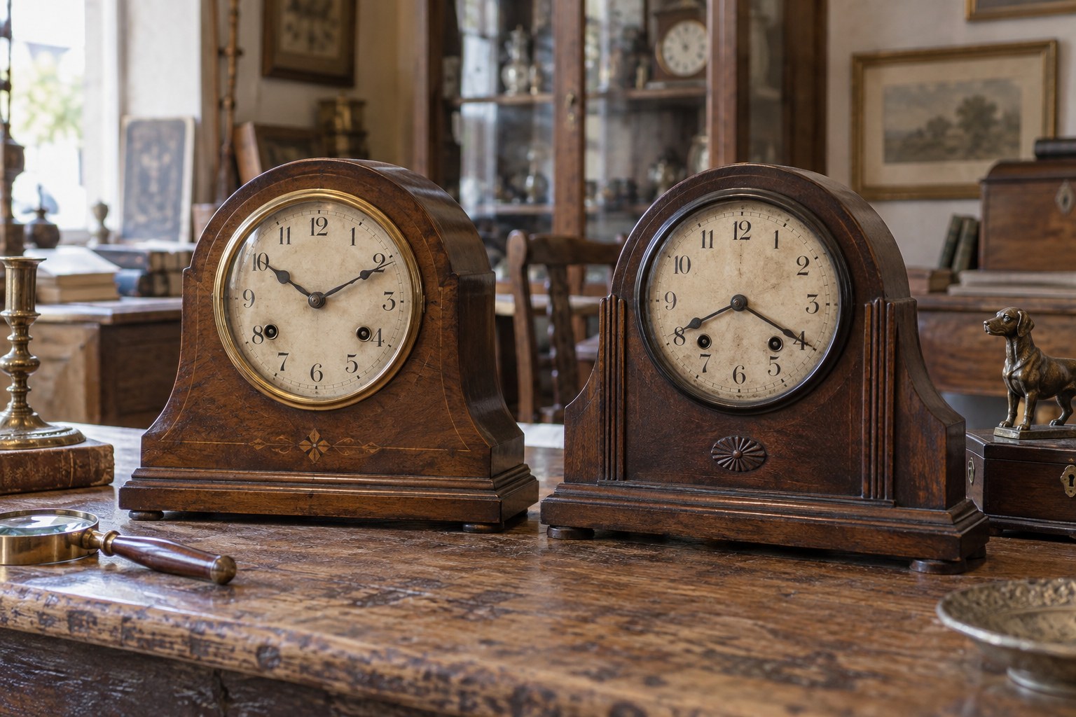 Two similar wooden mantel clocks displayed side by side on a workbench