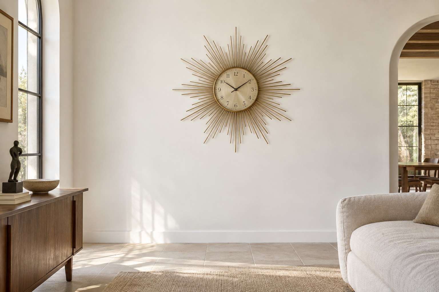 A sunburst clock centred on an uncluttered wall in a living room