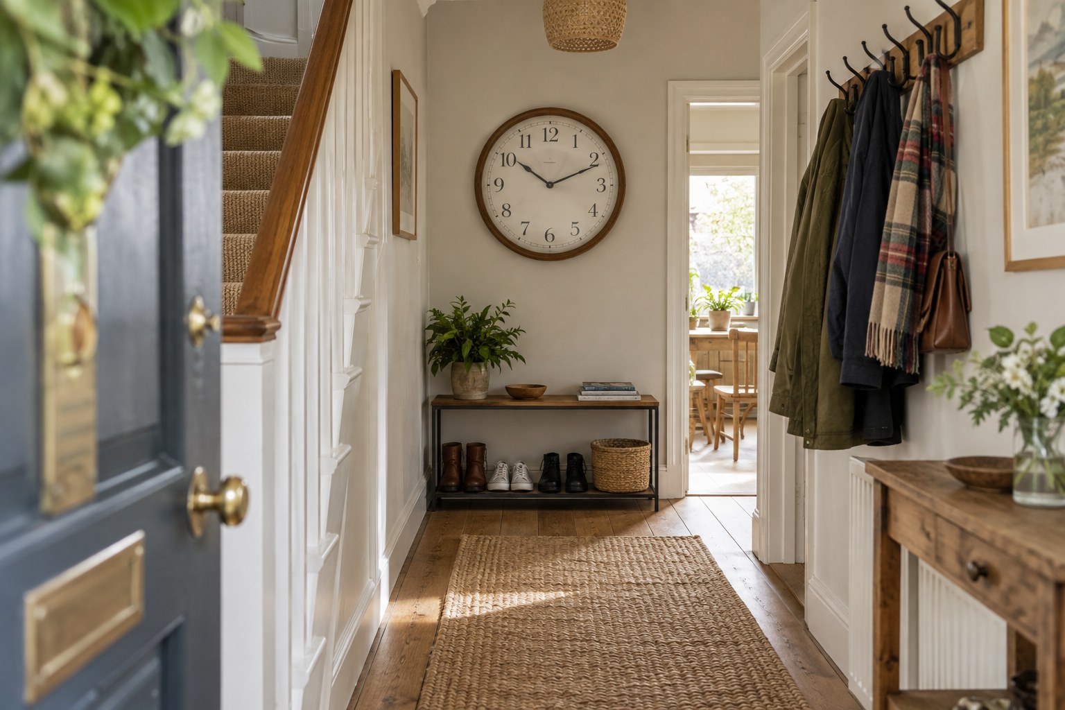 A clearly numbered wall clock above a shoe rack in a hallway, viewed through the front doorway
