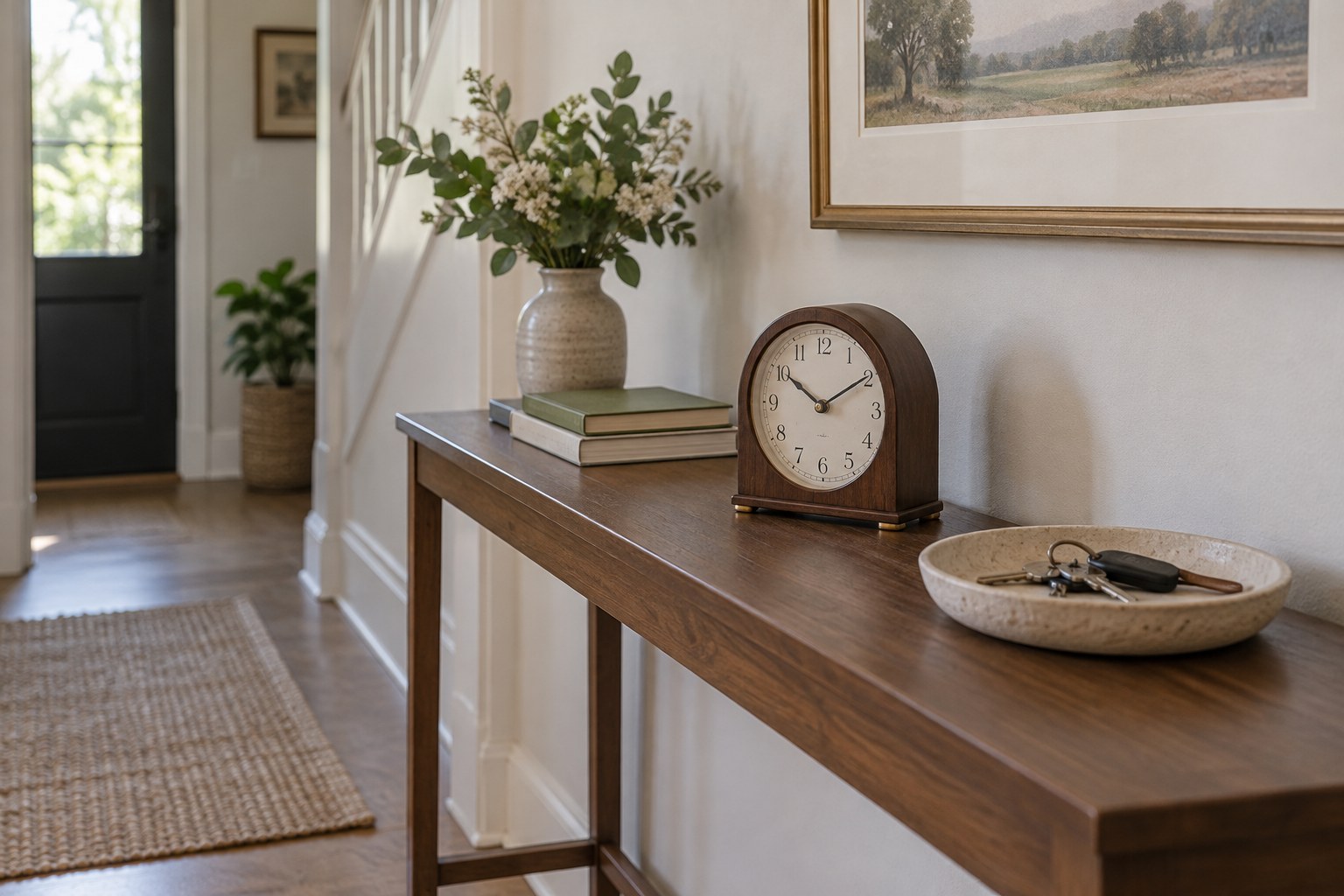 A compact mantel clock on a narrow console beside a key dish