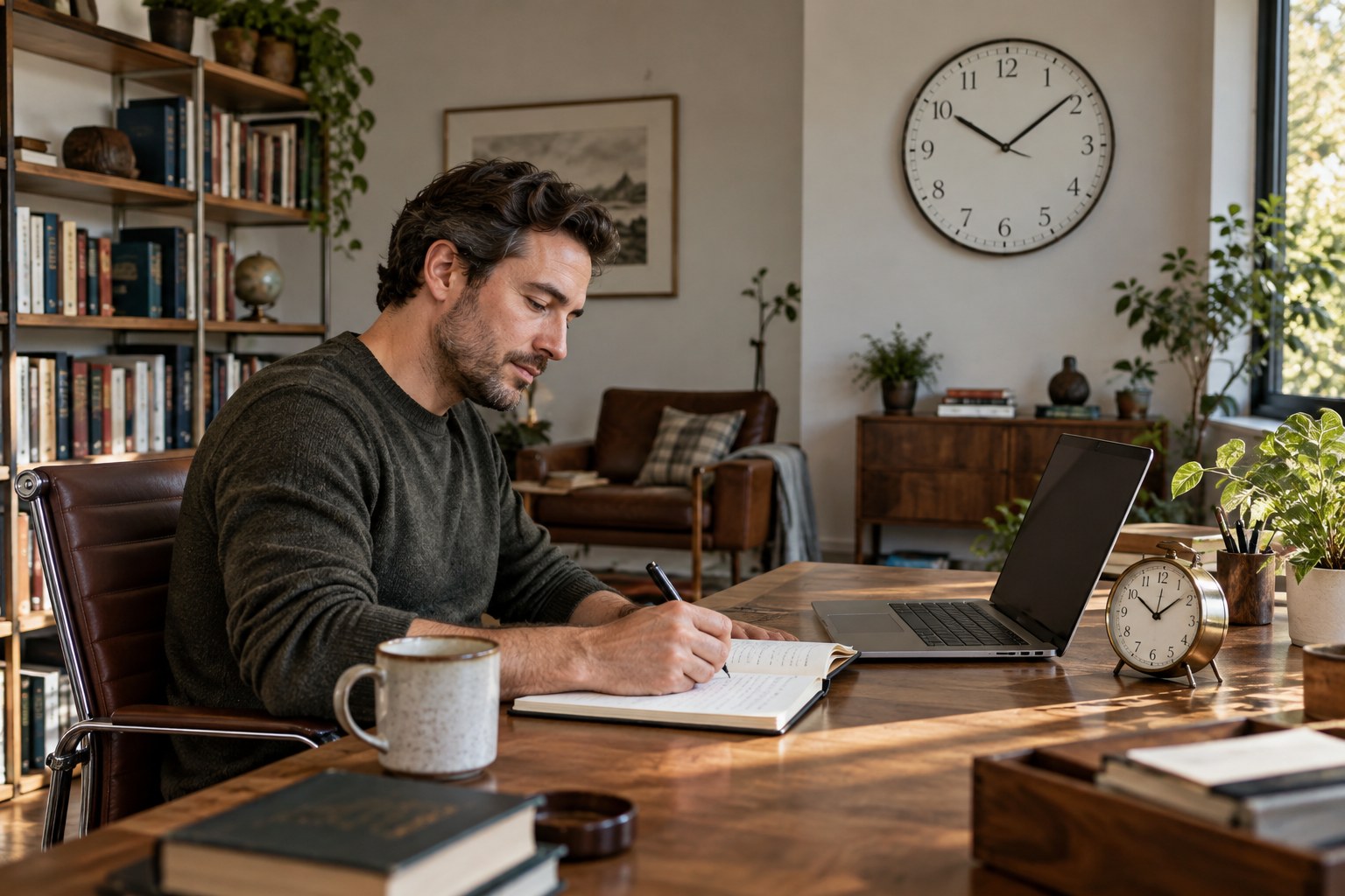A person writing at a desk with a small desk clock and a larger wall clock in the room