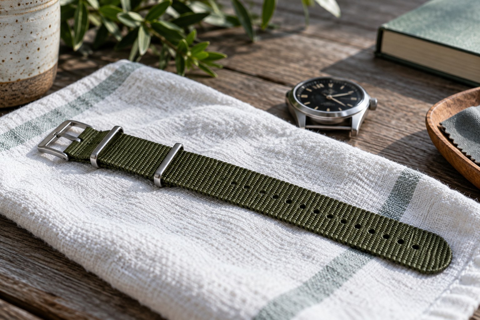 A detached green fabric watch strap lying flat on a towel beside a wristwatch